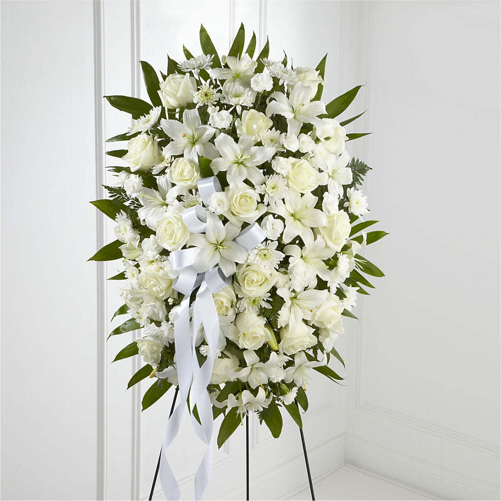 Exquisite Tribute Standing Spray-White Ribbon – SANTINA'S FLOWERS & GIFTS, Fairbanks AK